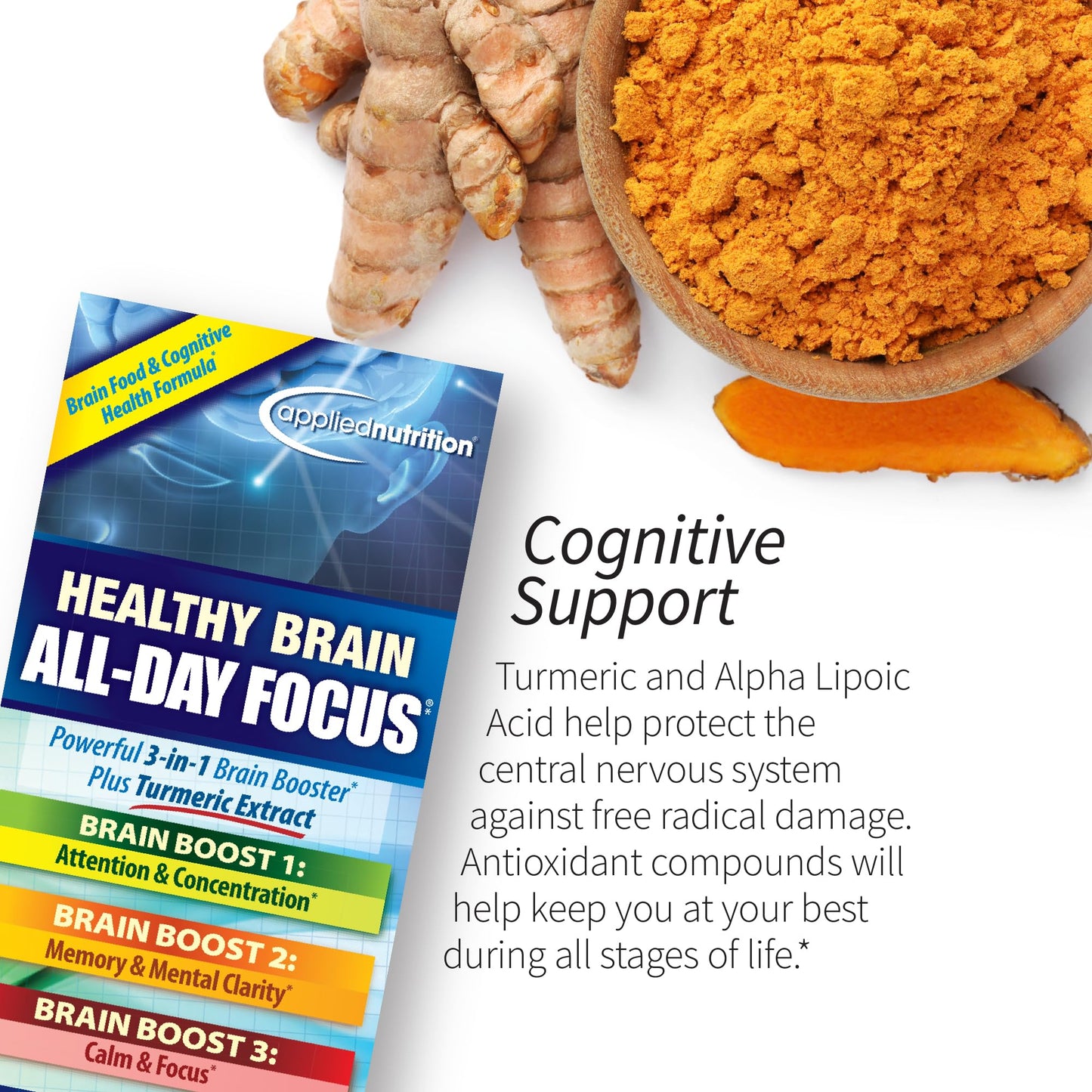 Applied Nutrition Healthy Brain All-Day Focus - 50 Tablets - 3-in-1 Brain Booster with Turmeric