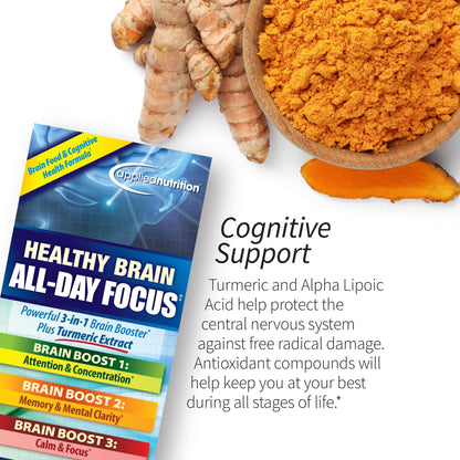 Applied Nutrition Healthy Brain All-Day Focus - 50 Tablets - 3-in-1 Brain Booster with Turmeric