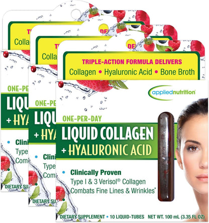 Applied Nutrition Liquid Collagen + Hyaluronic Acid – Skin & Nail Restoration (30 Servings, Pack of 3, Mixed Berry)