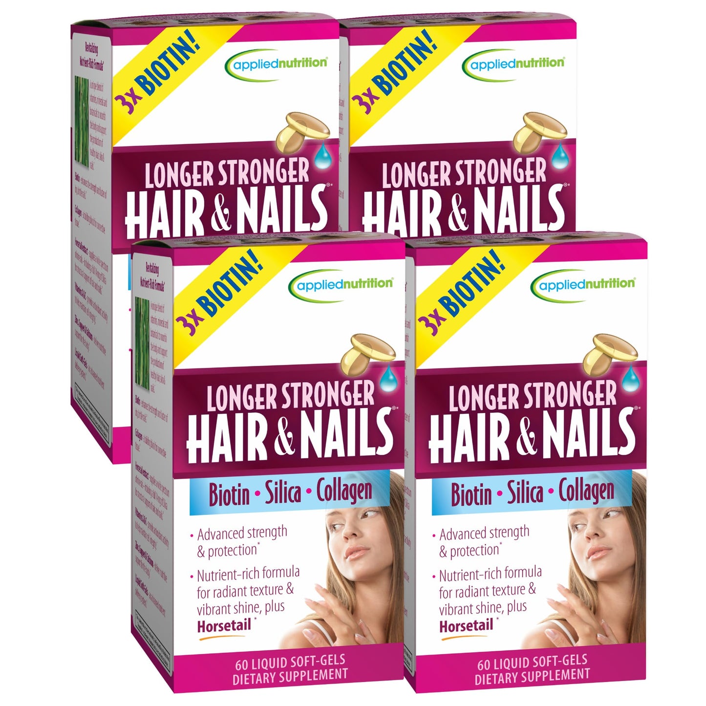Applied Nutrition Longer Stronger Hair & Nails – 60 Liquid Soft-Gels per Bottle, Pack of 4, 120 Servings
