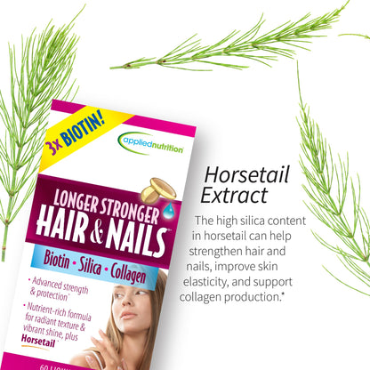 Applied Nutrition Longer Stronger Hair & Nails – 60 Liquid Soft-Gels per Bottle, Pack of 4, 120 Servings