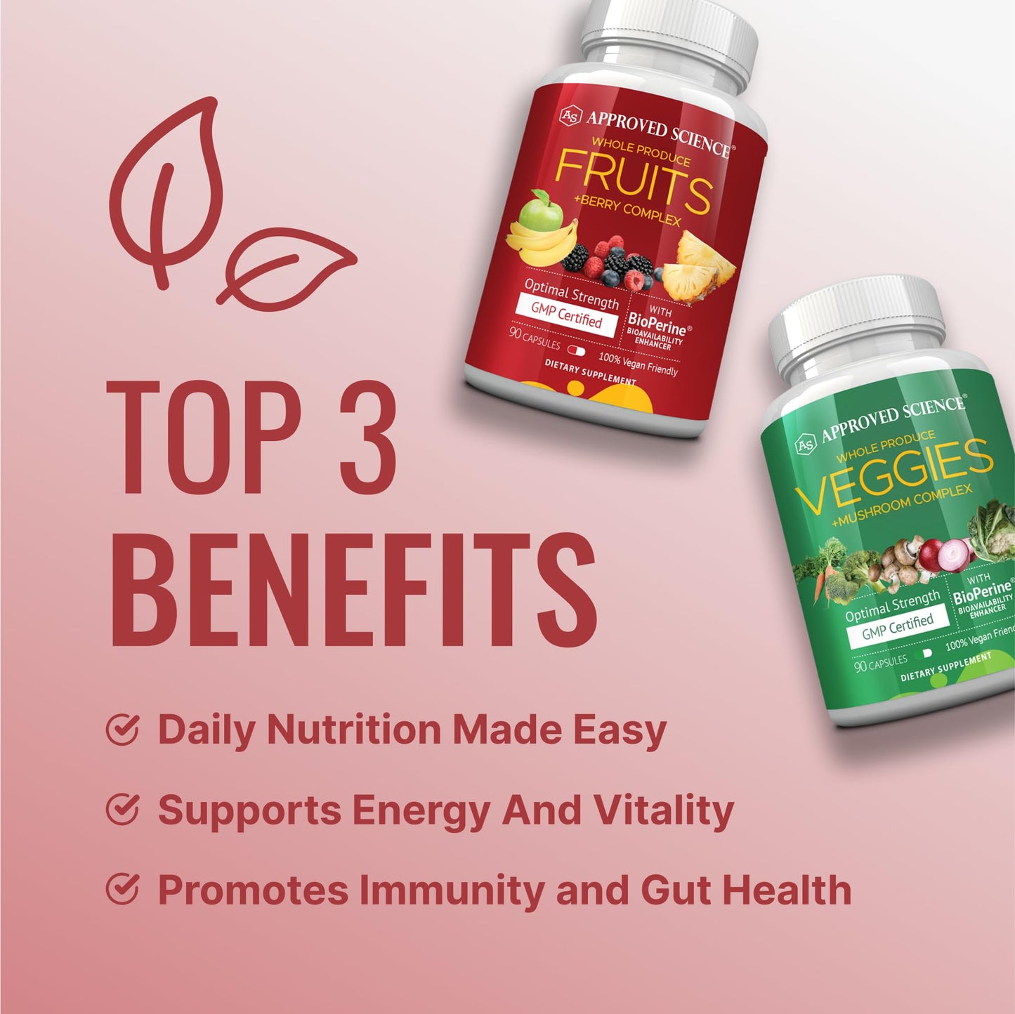 Approved Science Fruits & Veggies – 42-Item Whole Fruit & Veggie Supplement (270 Capsules) | 3-Month Supply