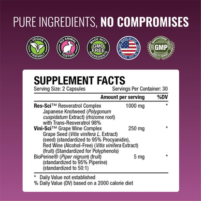 Approved Science® Resveratrol 1000 mg Trans-Resveratrol | 60 Vegan Capsules | Bioperine® | 98% Purity