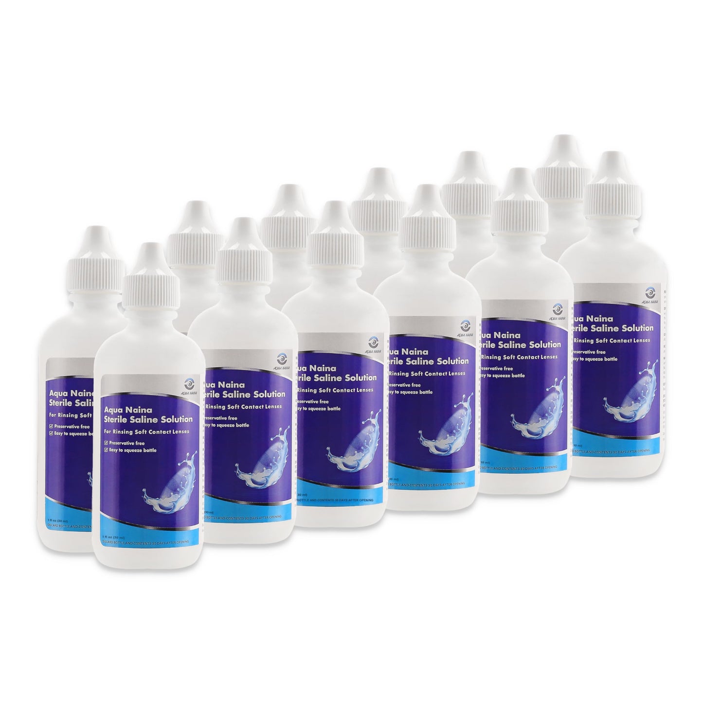 Aqua Naina Plus Sterile Saline – Preservative-Free Rinse for Soft, RGP & Scleral Lenses | Travel Pack 12 x 1 fl oz
