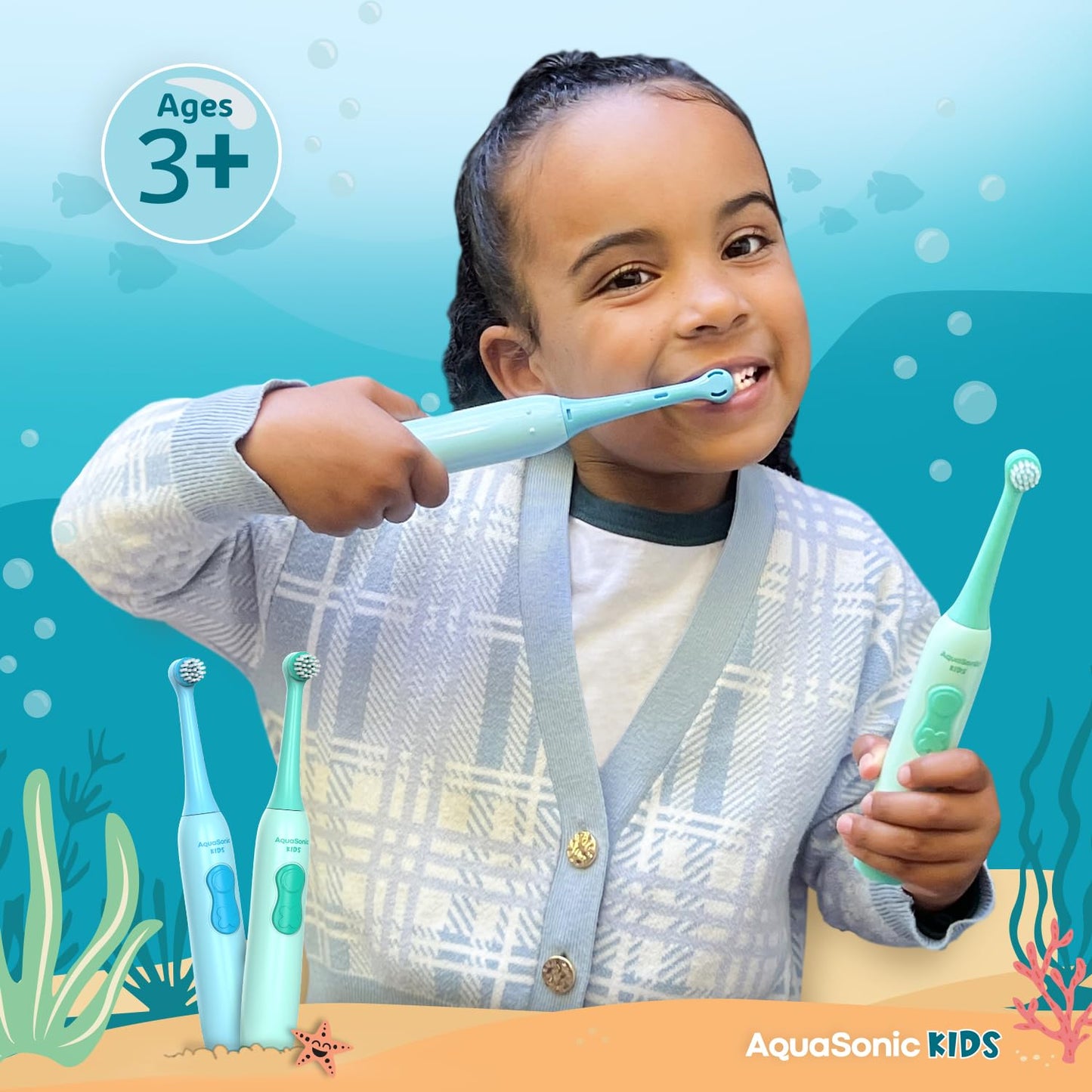 Aquasonic Kids Electric Toothbrush Set – Ages 3+ | Soft Bristles, Oscillating Brush Head, Built-in Battery | Aquarium Adventures