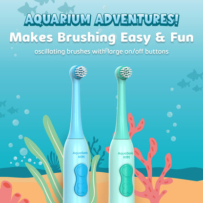 Aquasonic Kids Electric Toothbrush Set – Ages 3+ | Soft Bristles, Oscillating Brush Head, Built-in Battery | Aquarium Adventures