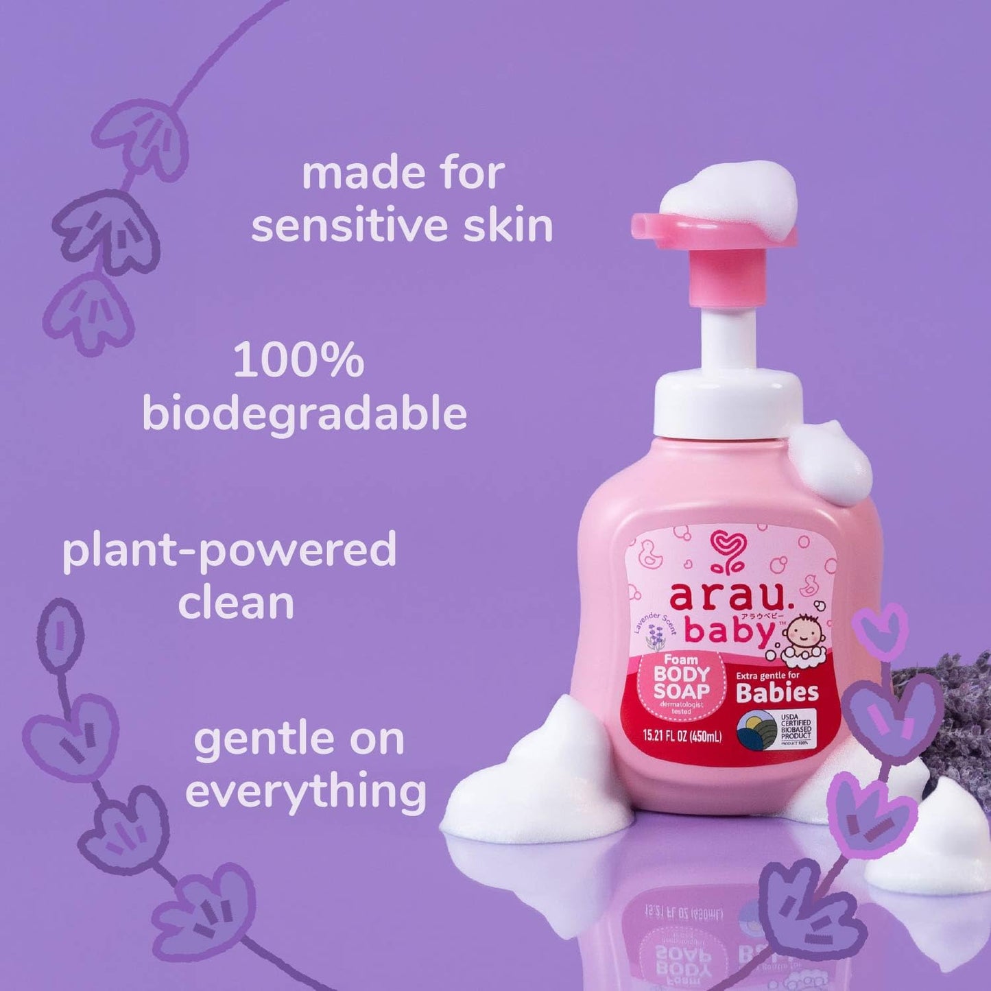 Arau Baby Foam Body Soap Lavender Scent - Plant-Based Baby Wash for Sensitive Skin