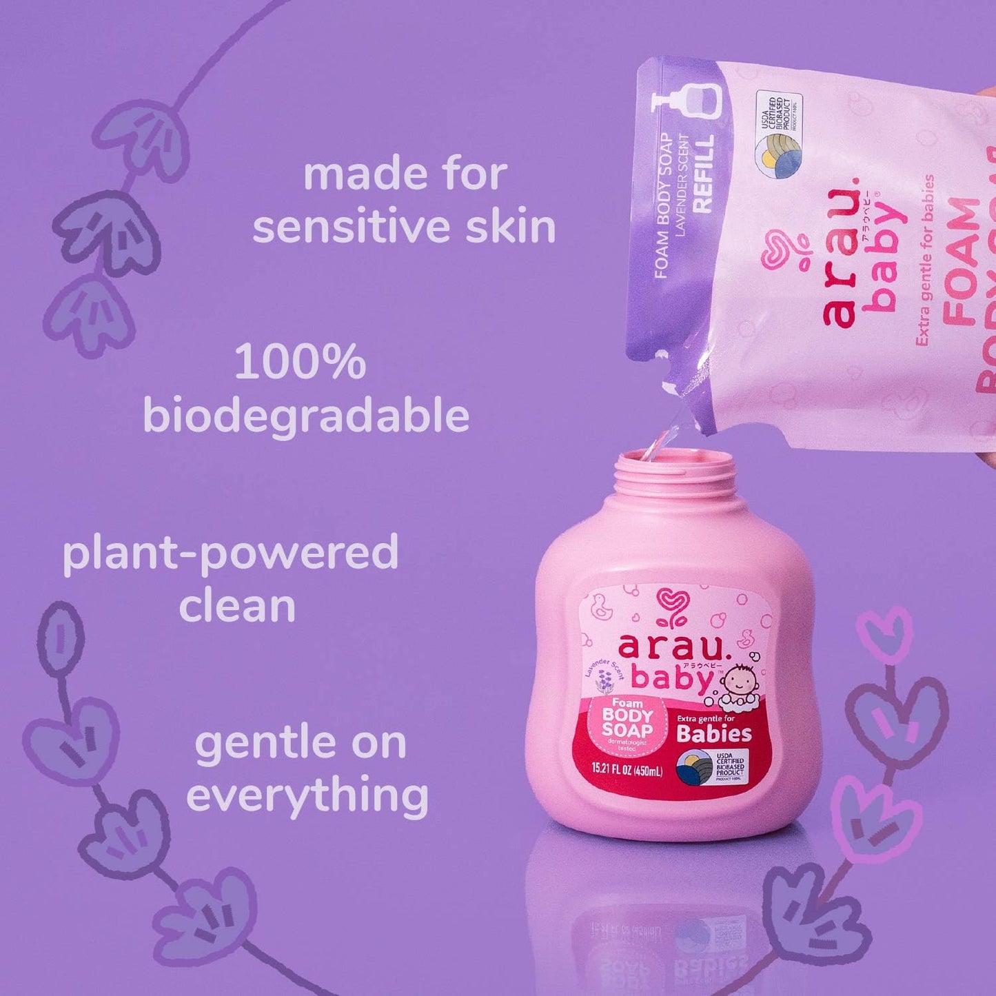Arau Baby Foam Body Soap Refill – Lavender | Plant-Based Baby Wash 15.21 fl oz