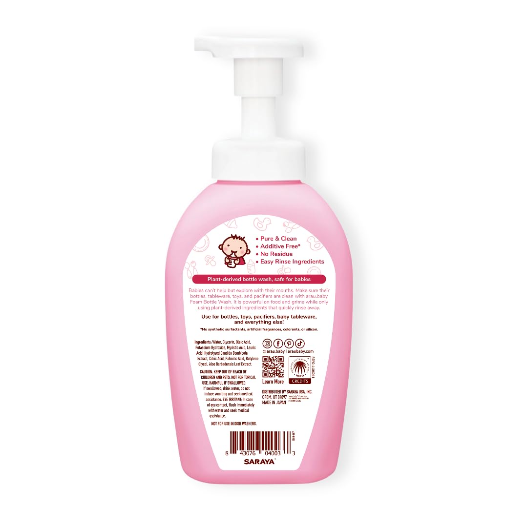 Arau Baby Unscented Foam Bottle Wash, Natural Plant Based Baby Bottle & Dish Soap, No Artificial Fragrance or Additives, Gentle for Washing Bottles, Pacifiers and Toys, Easy Rinse, 15.21 Fl Oz