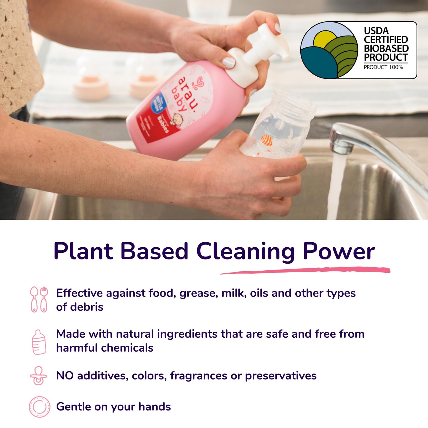 Arau Baby Unscented Foam Bottle Wash, Natural Plant Based Baby Bottle & Dish Soap, No Artificial Fragrance or Additives, Gentle for Washing Bottles, Pacifiers and Toys, Easy Rinse, 15.21 Fl Oz