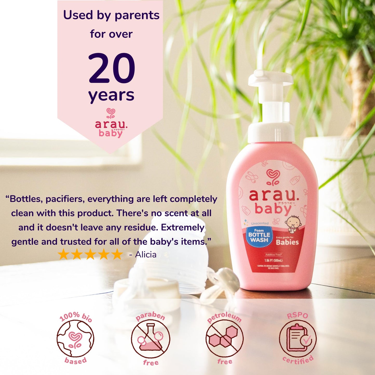 Arau Baby Unscented Foam Bottle Wash, Natural Plant Based Baby Bottle & Dish Soap, No Artificial Fragrance or Additives, Gentle for Washing Bottles, Pacifiers and Toys, Easy Rinse, 15.21 Fl Oz