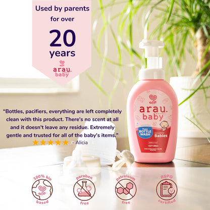 Arau Baby Unscented Foam Bottle Wash, Natural Plant Based Baby Bottle & Dish Soap, No Artificial Fragrance or Additives, Gentle for Washing Bottles, Pacifiers and Toys, Easy Rinse, 15.21 Fl Oz