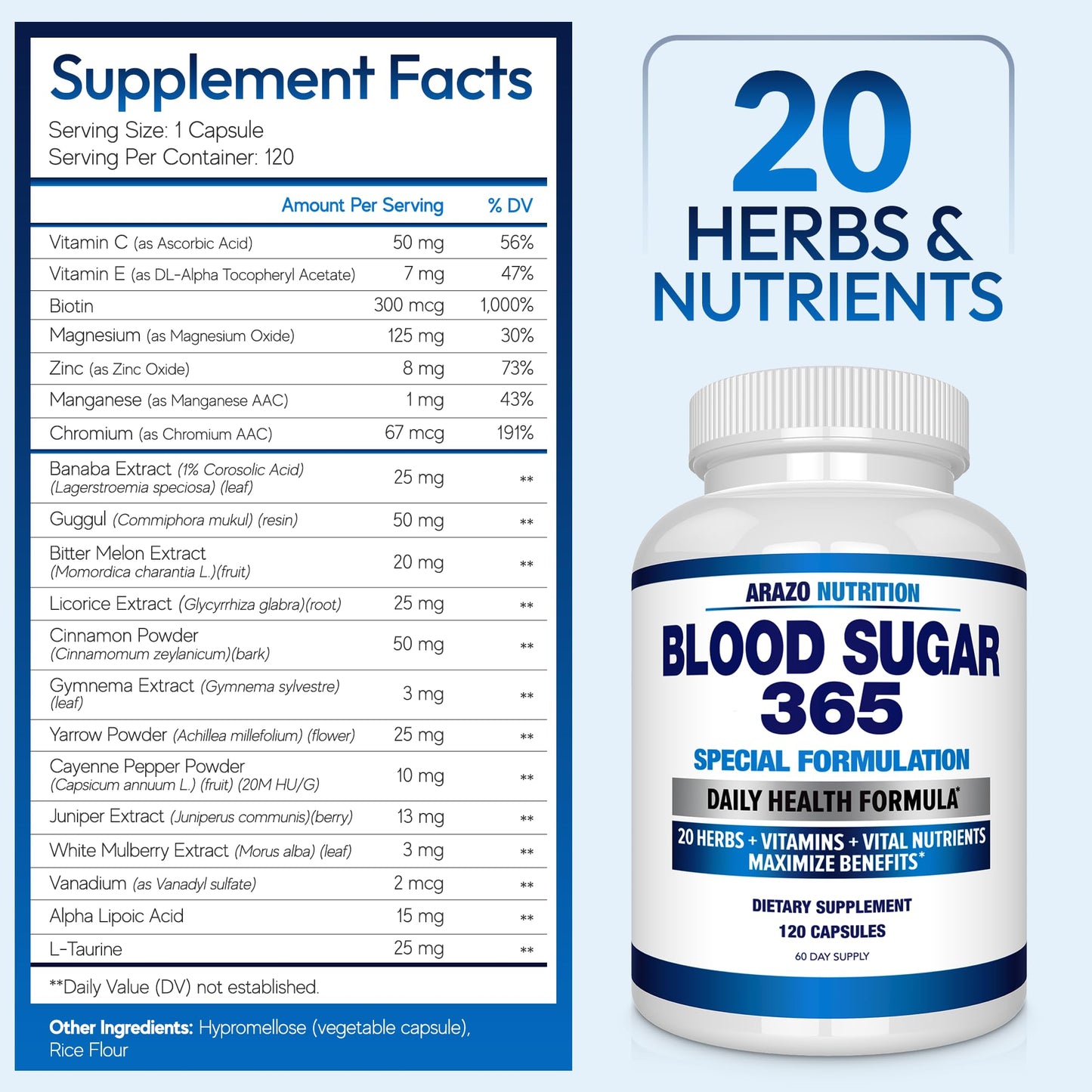 Arazo Nutrition Blood Sugar 365 – Energy Support Supplement, 120 Herbal Pills (60-Day Supply)