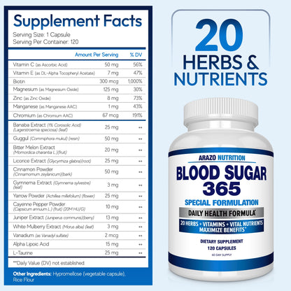 Arazo Nutrition Blood Sugar 365 – Energy Support Supplement, 120 Herbal Pills (60-Day Supply)