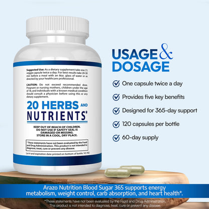 Arazo Nutrition Blood Sugar 365 – Energy Support Supplement, 120 Herbal Pills (60-Day Supply)