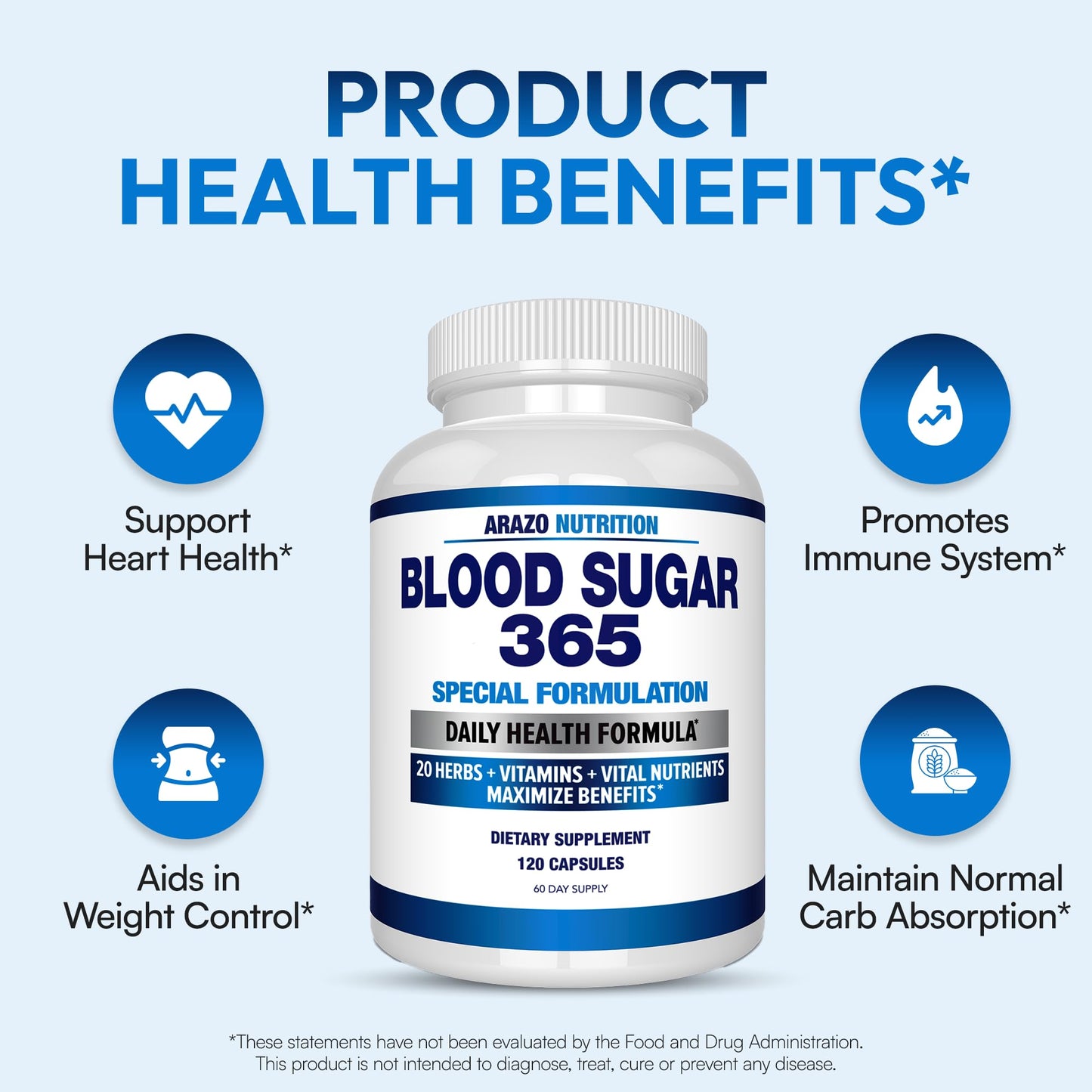 Arazo Nutrition Blood Sugar 365 – Energy Support Supplement, 120 Herbal Pills (60-Day Supply)