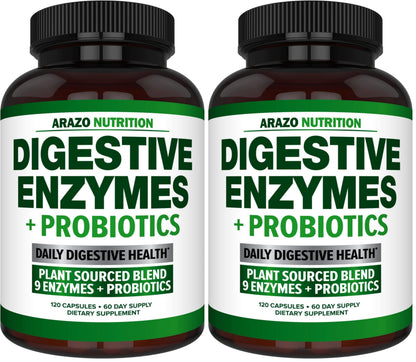 Arazo Nutrition Digestive Enzymes with Probiotics – Multi-Enzyme Digestive Supplement (120 Pills x 2 Pack)