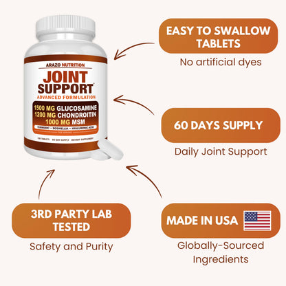Arazo Nutrition Glucosamine Chondroitin Turmeric MSM Boswellia – Joint Support Supplement (180 Tablets)
