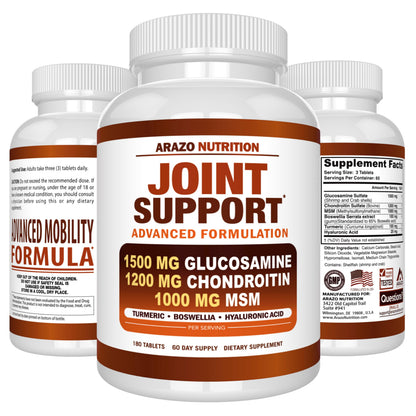 Arazo Nutrition Glucosamine Chondroitin Turmeric MSM Boswellia – Joint Support Supplement (180 Tablets)