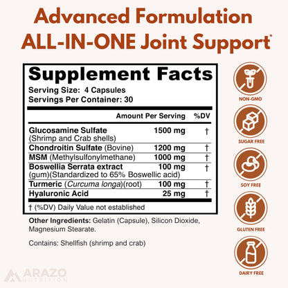 Arazo Nutrition Glucosamine Chondroitin Turmeric MSM Boswellia – Joint Support Supplement (120 Capsules)