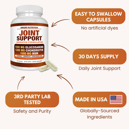 Arazo Nutrition Glucosamine Chondroitin Turmeric MSM Boswellia – Joint Support Supplement (120 Capsules)