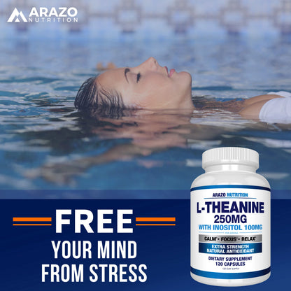 Arazo Nutrition L-Theanine 250mg Extra Strength with Inositol 100mg – 120 Vegetarian Capsules (Pack of 2)