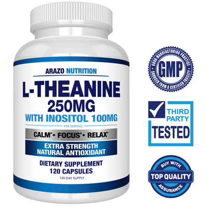 Arazo Nutrition L-Theanine 250mg Extra Strength with Inositol 100mg – 120 Vegetarian Capsules (Pack of 2)