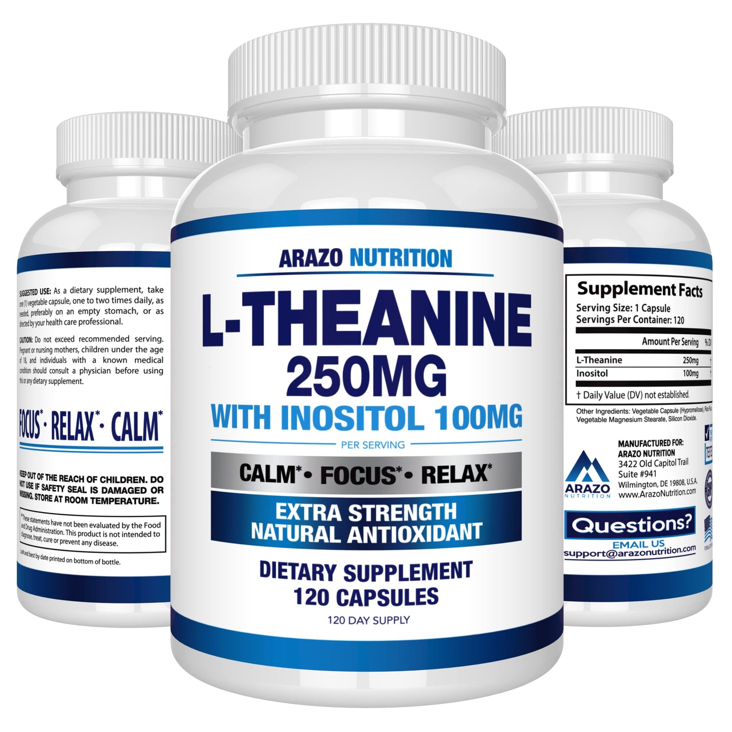 Arazo Nutrition L-Theanine 250mg Extra Strength with Inositol 100mg – 120 Vegetarian Capsules (Pack of 2)