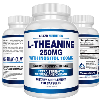 Arazo Nutrition L-Theanine 250mg Extra Strength with Inositol 100mg – 120 Vegetarian Capsules (Pack of 2)