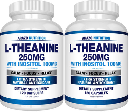 Arazo Nutrition L-Theanine 250mg Extra Strength with Inositol 100mg – 120 Vegetarian Capsules (Pack of 2)