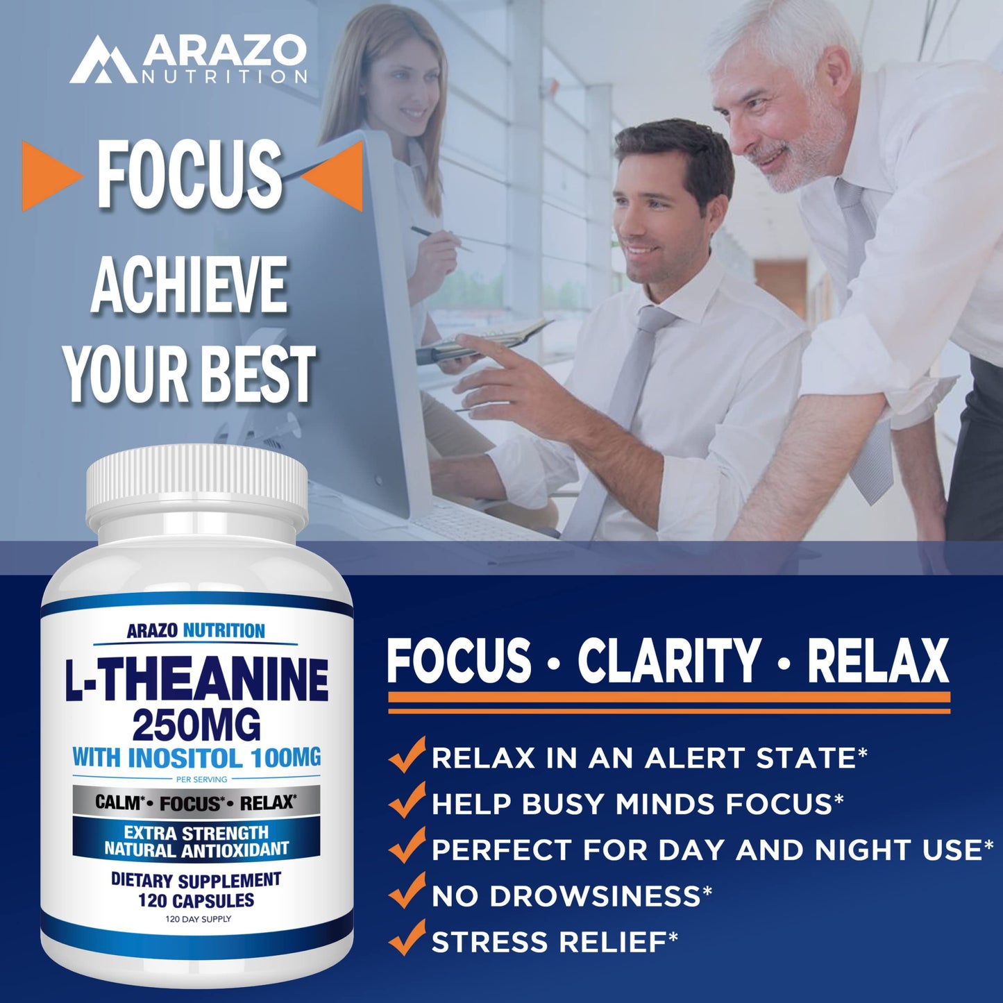 Arazo Nutrition L-Theanine 250mg Extra Strength with Inositol 100mg – 120 Vegetarian Capsules (Pack of 2)