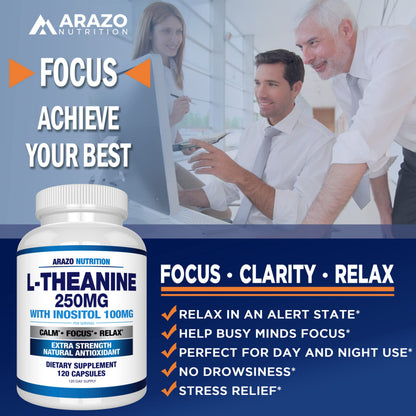 Arazo Nutrition L-Theanine 250mg Extra Strength with Inositol 100mg – 120 Vegetarian Capsules (Pack of 2)