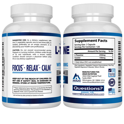 Arazo Nutrition L-Theanine 250mg Extra Strength with Inositol 100mg – 120 Vegetarian Capsules (Pack of 2)