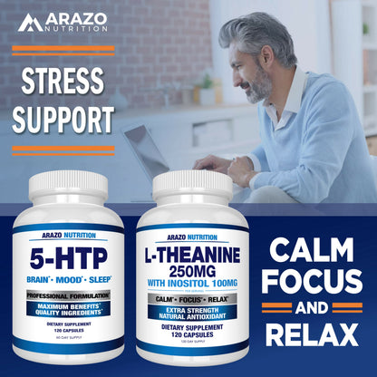 Arazo Nutrition L-Theanine 250mg Extra Strength with Inositol 100mg – 120 Vegetarian Capsules (Pack of 2)