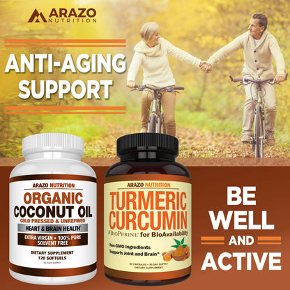 Arazo Nutrition Organic Coconut Oil 2000 MG | Extra Virgin Cold Pressed – 120 Softgels (Pack of 2)