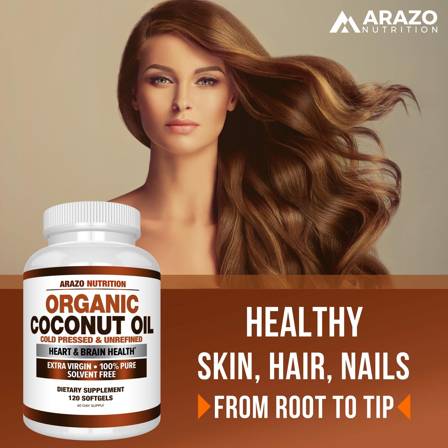 Arazo Nutrition Organic Coconut Oil 2000 MG | Extra Virgin Cold Pressed – 120 Softgels (Pack of 2)