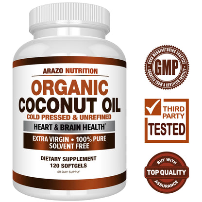 Arazo Nutrition Organic Coconut Oil 2000 MG | Extra Virgin Cold Pressed – 120 Softgels (Pack of 2)