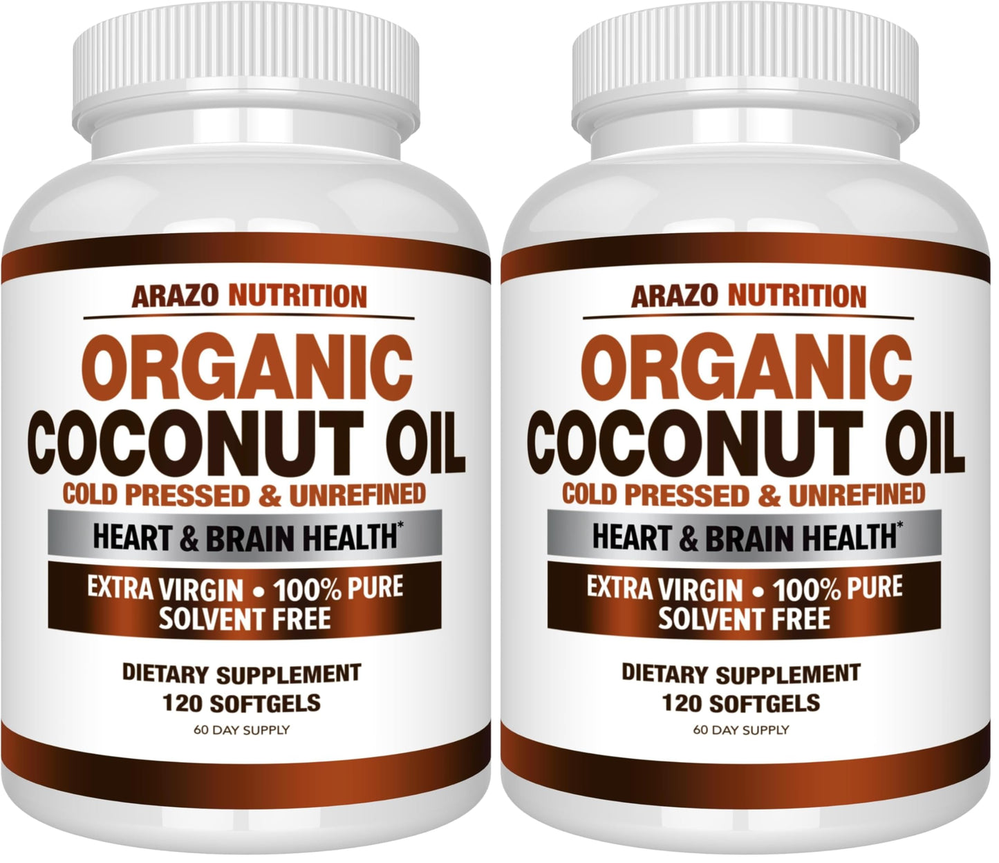 Arazo Nutrition Organic Coconut Oil 2000 MG | Extra Virgin Cold Pressed – 120 Softgels (Pack of 2)