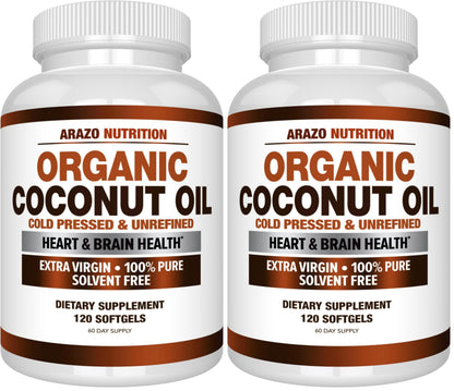 Arazo Nutrition Organic Coconut Oil 2000 MG | Extra Virgin Cold Pressed – 120 Softgels (Pack of 2)