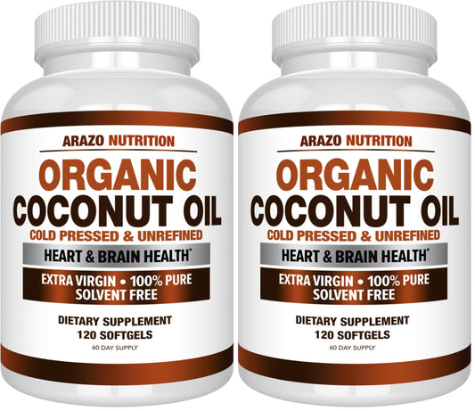 Arazo Nutrition Organic Coconut Oil 2000 MG | Extra Virgin Cold Pressed – 120 Softgels (Pack of 2) BritishVita | Premium UK Vitamins & Wellness Supplements