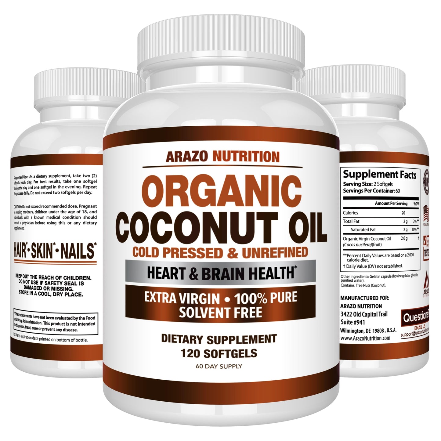 Arazo Nutrition Organic Coconut Oil 2000 MG | Extra Virgin Cold Pressed – 120 Softgels (Pack of 2)