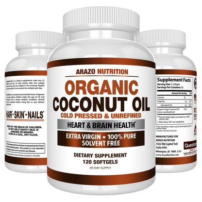 Arazo Nutrition Organic Coconut Oil 2000 MG | Extra Virgin Cold Pressed – 120 Softgels (Pack of 2)