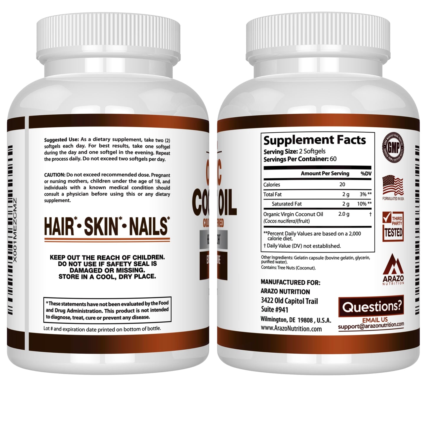 Arazo Nutrition Organic Coconut Oil 2000 MG | Extra Virgin Cold Pressed – 120 Softgels (Pack of 2)