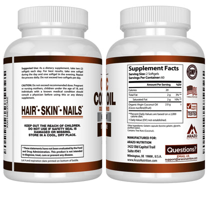 Arazo Nutrition Organic Coconut Oil 2000 MG | Extra Virgin Cold Pressed – 120 Softgels (Pack of 2)