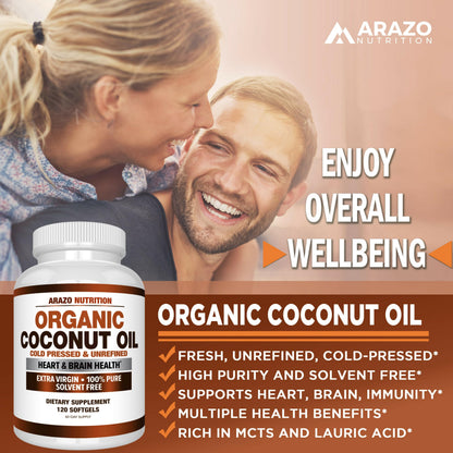 Arazo Nutrition Organic Coconut Oil 2000 MG | Extra Virgin Cold Pressed – 120 Softgels (Pack of 2)