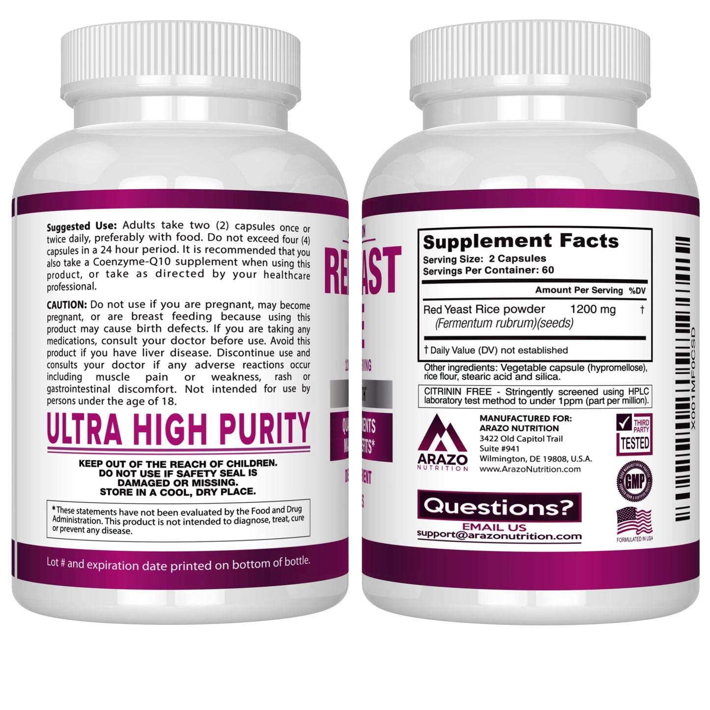 Arazo Nutrition Red Yeast Rice Extract 1200 MG – Citrinin Free, Vegetarian, 120 Capsules (Pack of 2)