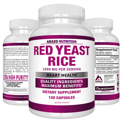 Arazo Nutrition Red Yeast Rice Extract 1200 MG – Citrinin Free, Vegetarian, 120 Capsules (Pack of 2)