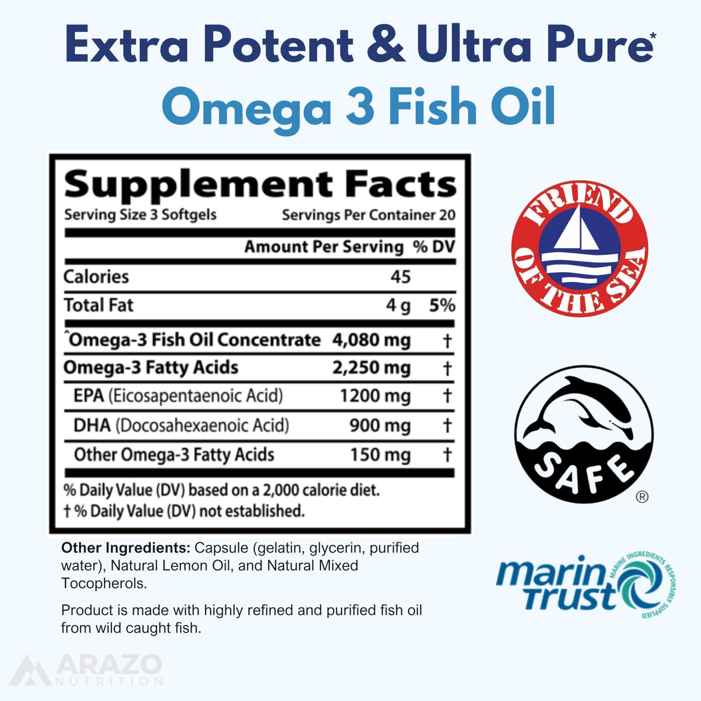 Arazo Nutrition Wild Caught Omega-3 Fish Oil – 60 Soft Gels | High EPA 1200mg, DHA 900mg | Lemon Burpless