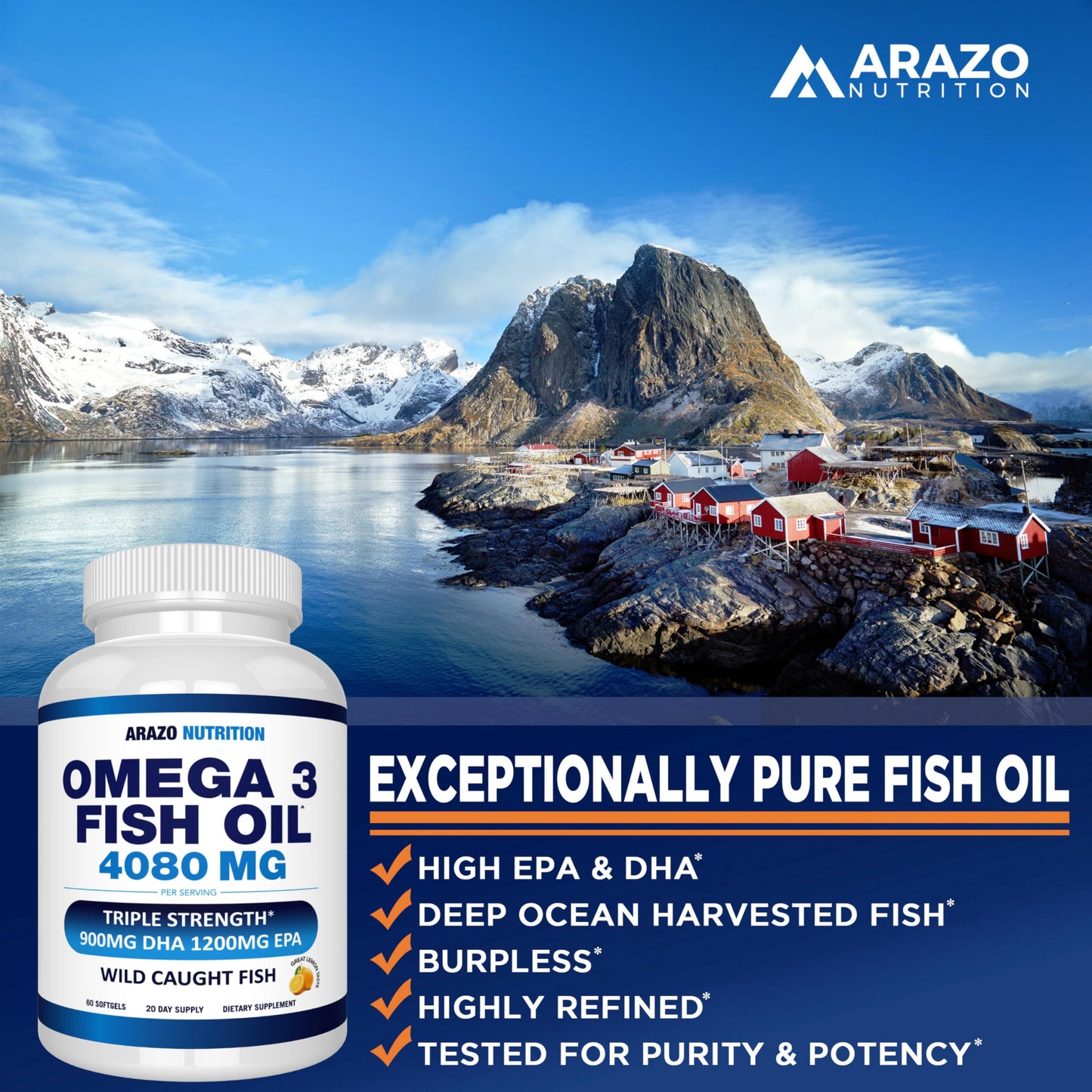 Arazo Nutrition Wild Caught Omega-3 Fish Oil – 60 Soft Gels | High EPA 1200mg, DHA 900mg | Lemon Burpless