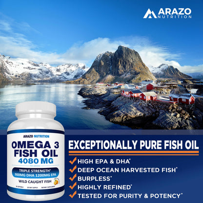 Arazo Nutrition Wild Caught Omega-3 Fish Oil – 60 Soft Gels | High EPA 1200mg, DHA 900mg | Lemon Burpless